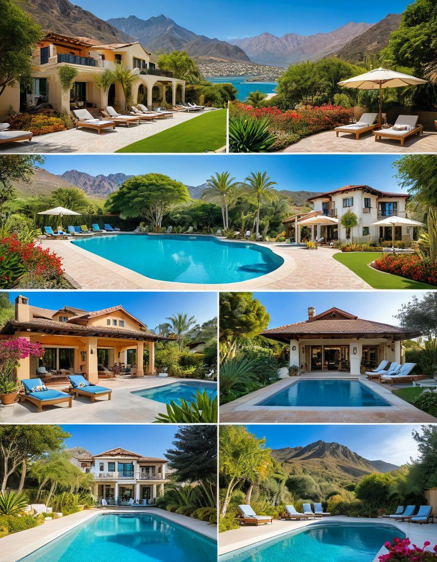 A stunning collage showcasing a variety of family-friendly villas, from budget-friendly to luxurious. Include diverse architectural styles, vibrant outdoor spaces with pools, lush gardens, and happy families enjoying their vacation. The setting should reflect different holiday moods, such as sunny beaches and cozy mountain retreats. Add warm, inviting colors to evoke a sense of comfort and joy. super-realistic. vibrant colors.