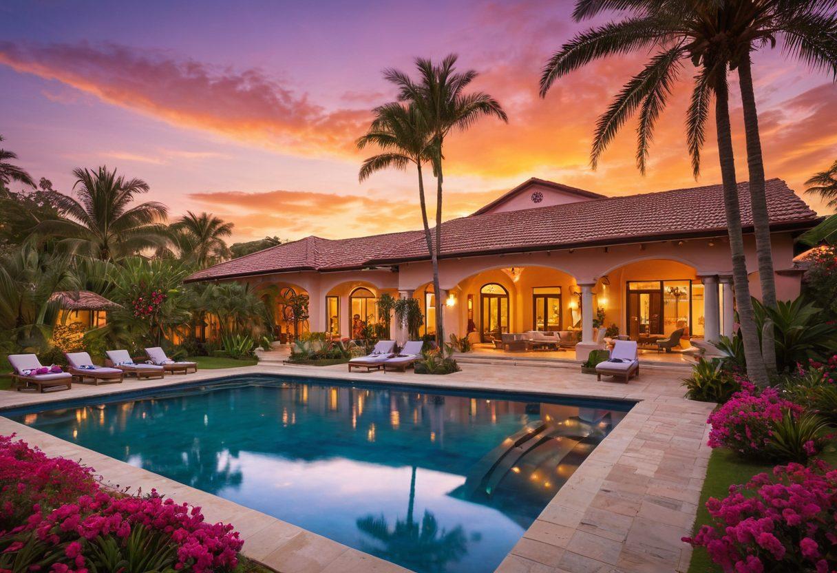 A picturesque villa nestled in a lush green landscape, surrounded by blooming flowers and palm trees, with a family enjoying a sunny day by the pool, children playing on the lawn, and a stunning sunset in the background. The scene should evoke a sense of joy and adventure, capturing the essence of a family-friendly holiday destination. vibrant colors. super-realistic. whimsical style.