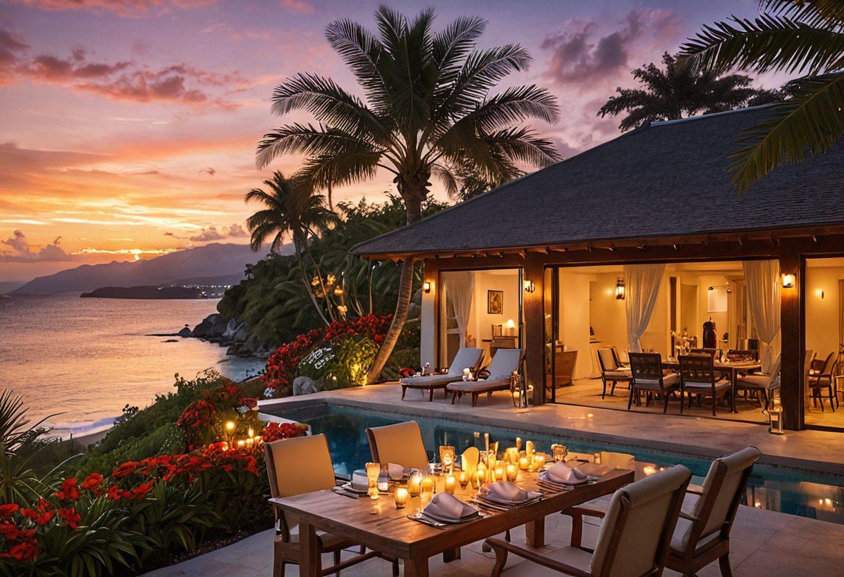 A picturesque oceanfront villa with lush palm trees, sun loungers, and a breathtaking sunset in the background. In the foreground, a cozy outdoor dining area with candles and tropical flowers, evoking a sense of luxury and relaxation. The scene transitions to a spacious, modern getaway villa with large windows and a stunning view of the mountains. Light, vibrant colors to enhance the feeling of a perfect holiday escape. super-realistic. vibrant colors. sunset backdrop.